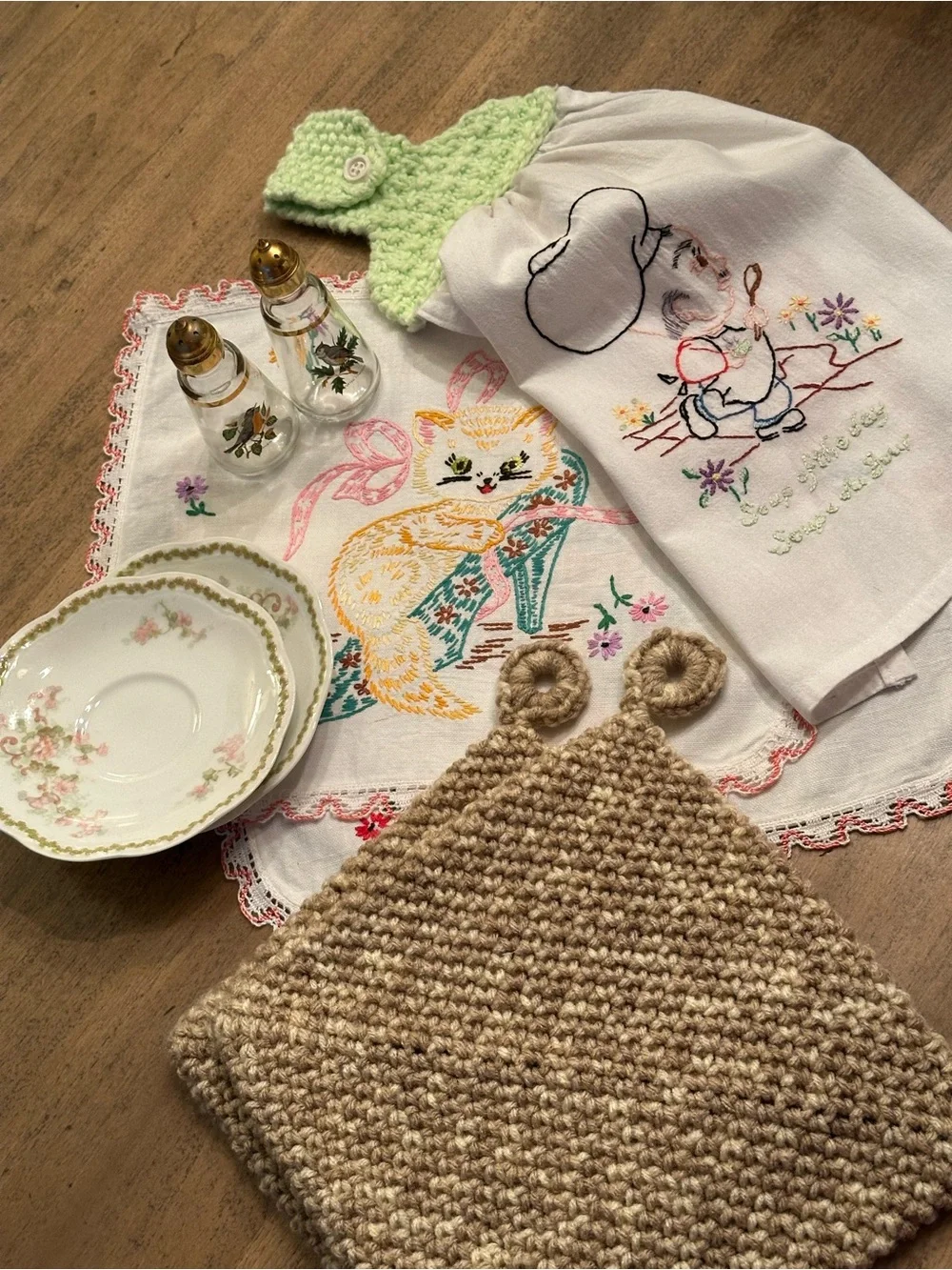 Vintage Grandmas Kitchen Lot Embroidered Linens Limoges Crochet Birds